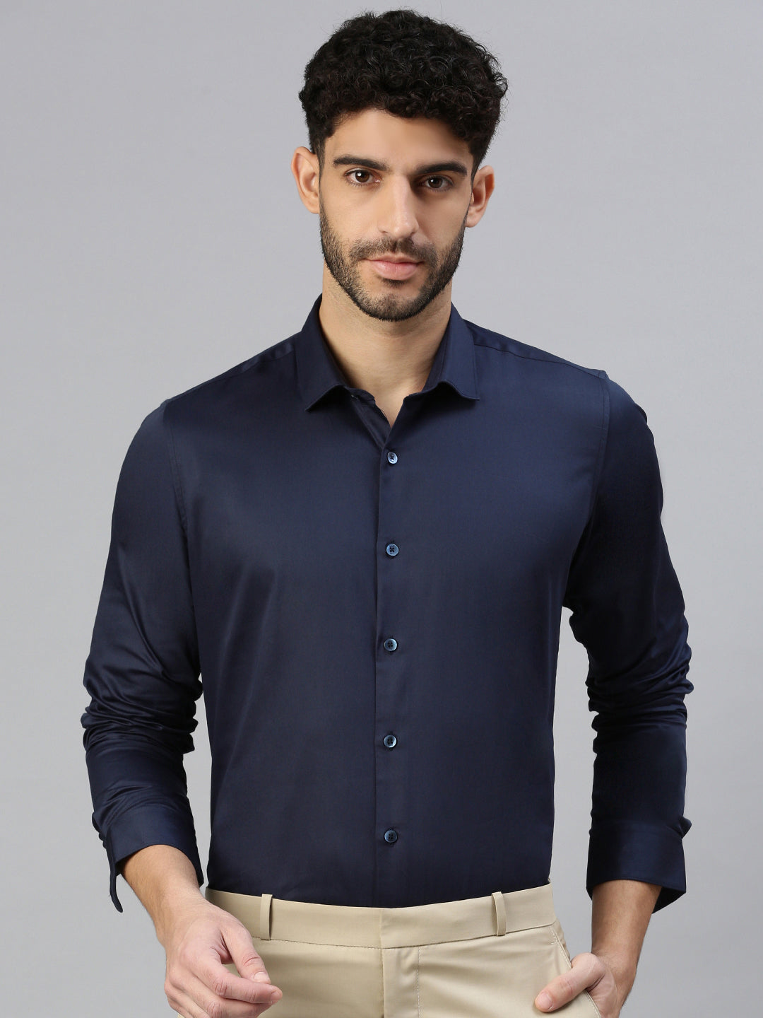 Giza Satin Essential Shirt in Midnight Navy