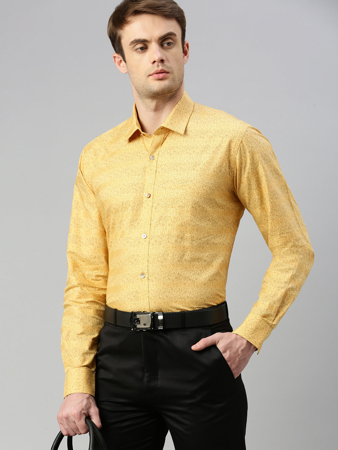 Micro Ditsy Printed Opaque Cotton Formal Shirt Yellow