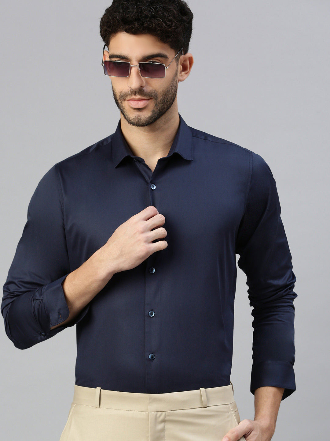 Giza Satin Essential Shirt in Midnight Navy