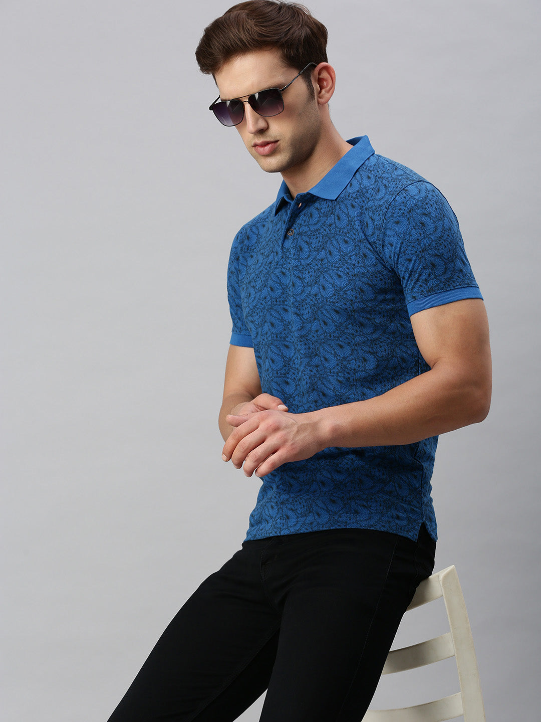 TEAL BLUE PRINTED POLO TSHIRT