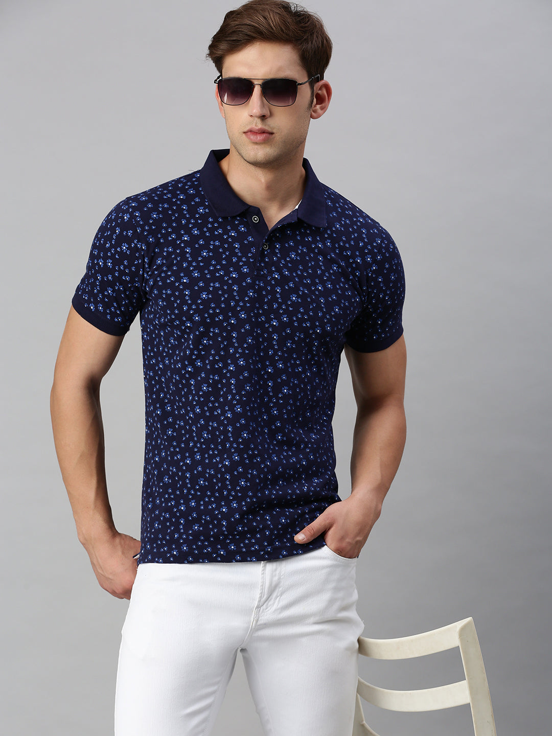 NAVY PRINTED POLO TSHIRT