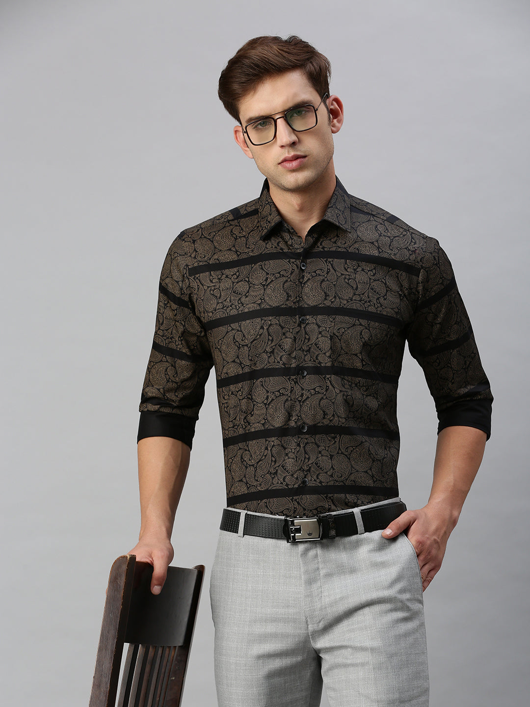 Paisley Printed Cotton Formal Shirt Black