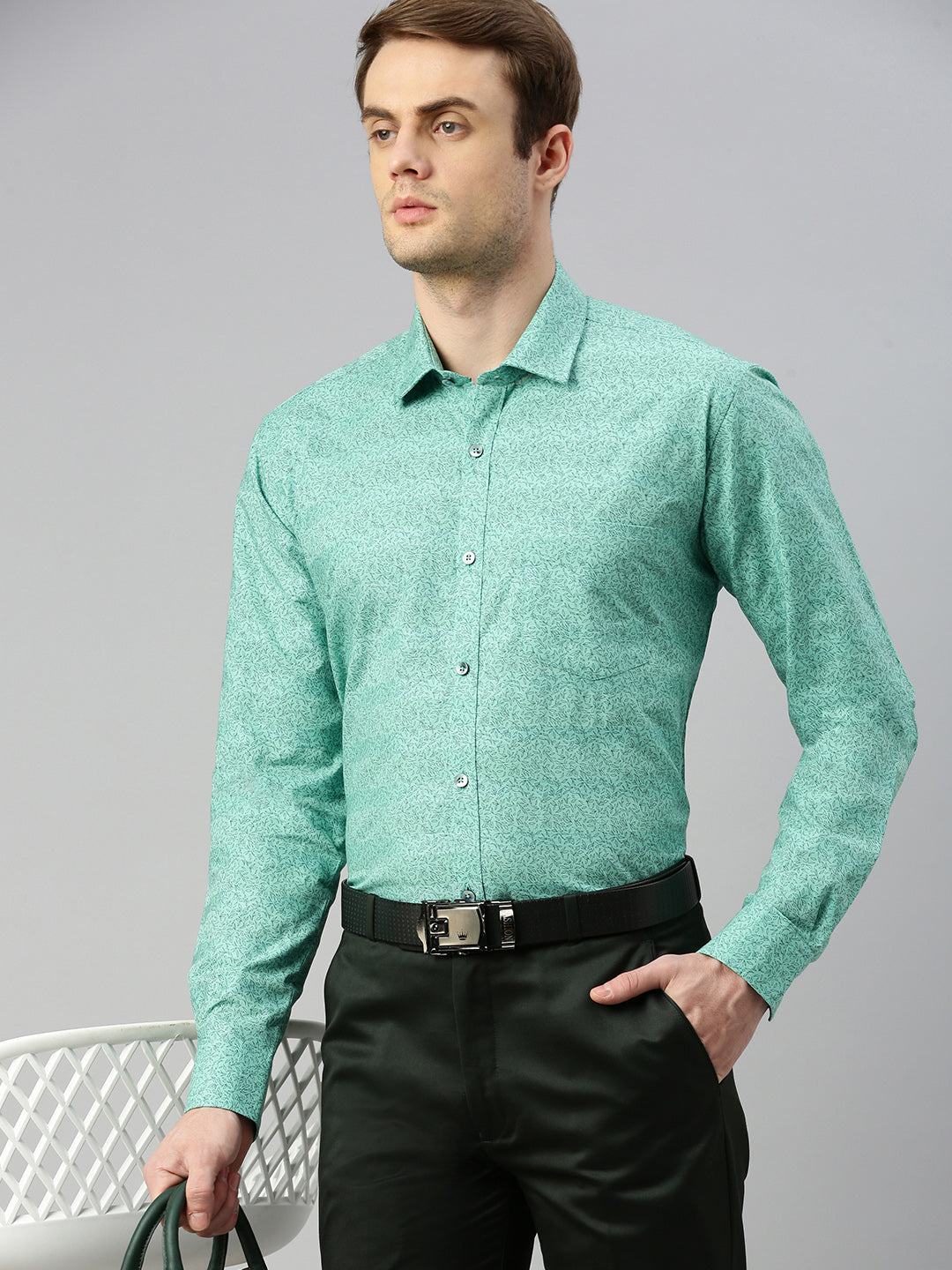 Micro Ditsy Printed Opaque Cotton Formal Shirt Green