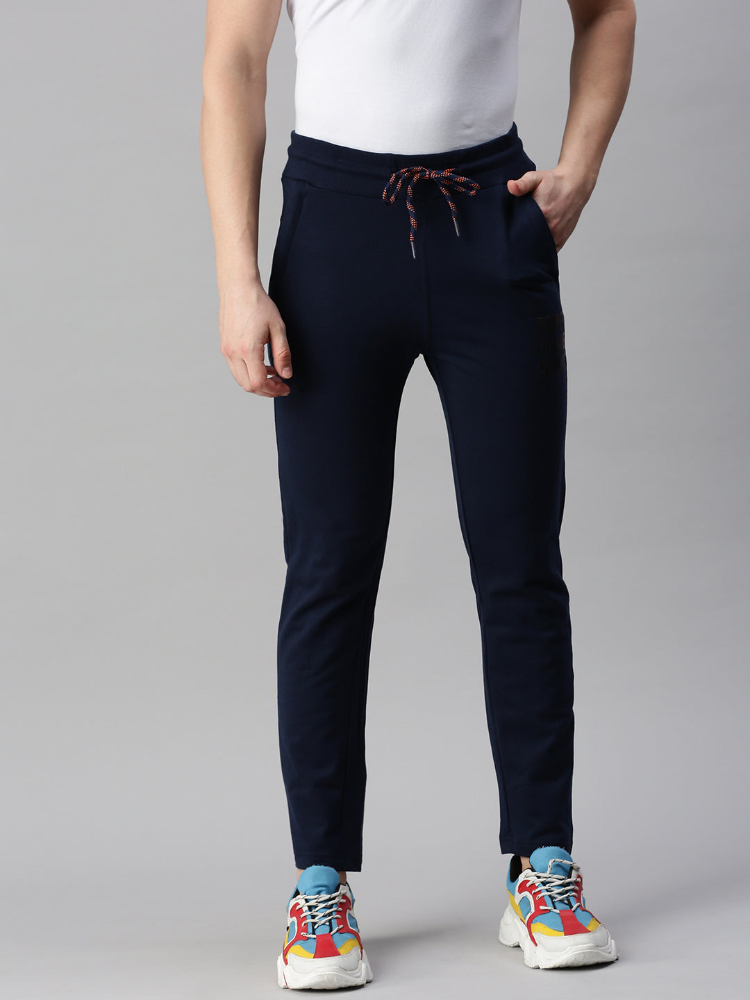 Solid Cotton Regular-Fit Track Pants Navy