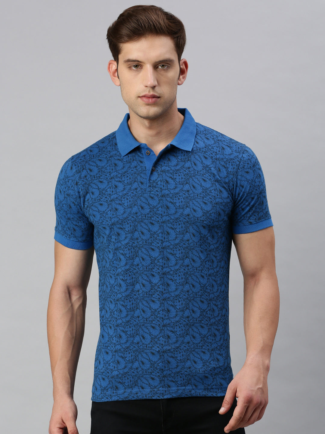 TEAL BLUE PRINTED POLO TSHIRT