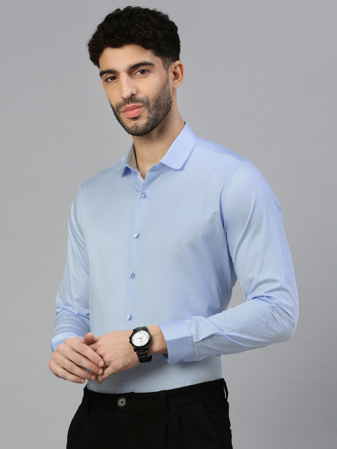 Giza Satin Essential Shirt in Powder Blue