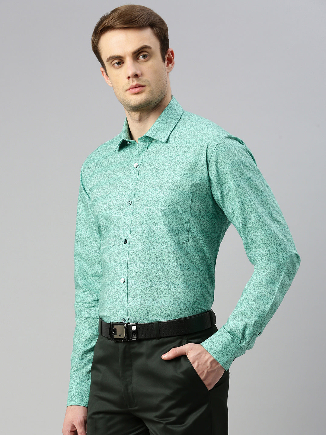 Micro Ditsy Printed Opaque Cotton Formal Shirt Green