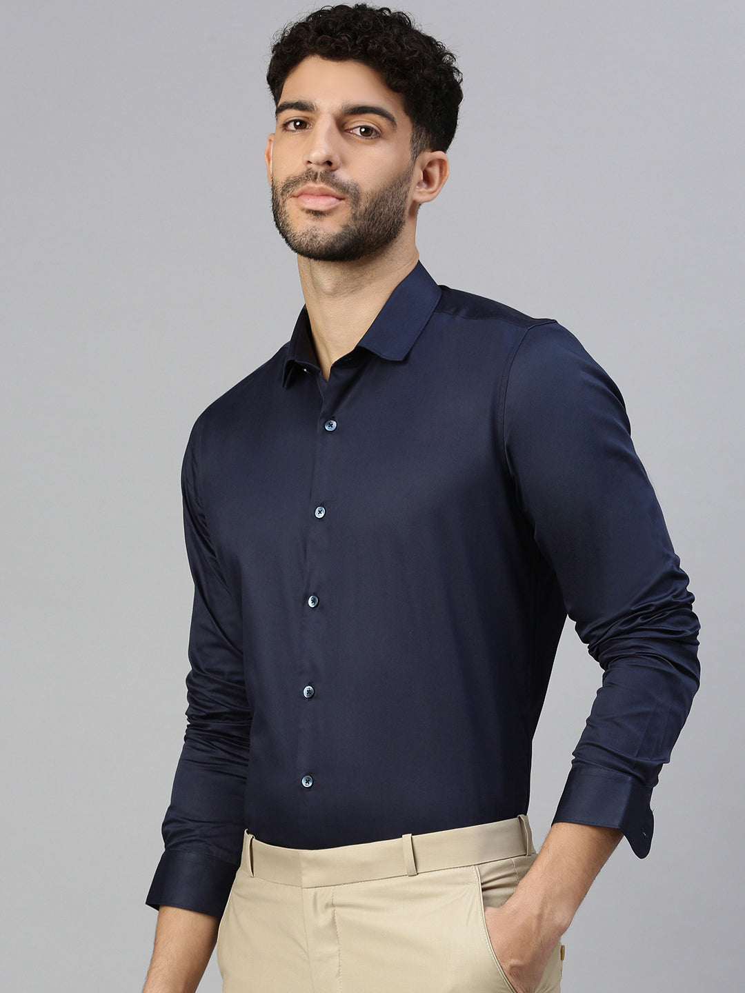 Giza Satin Essential Shirt in Midnight Navy