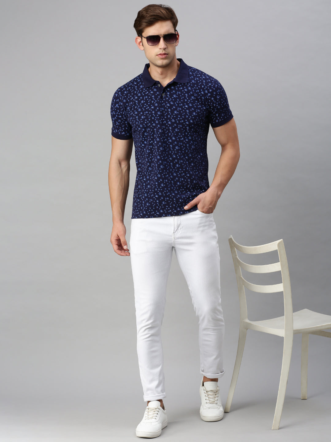 NAVY PRINTED POLO TSHIRT