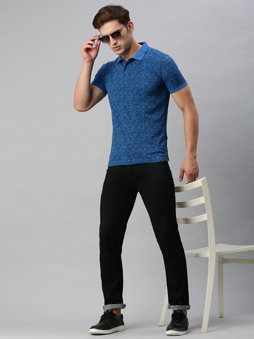 TEAL BLUE PRINTED POLO TSHIRT