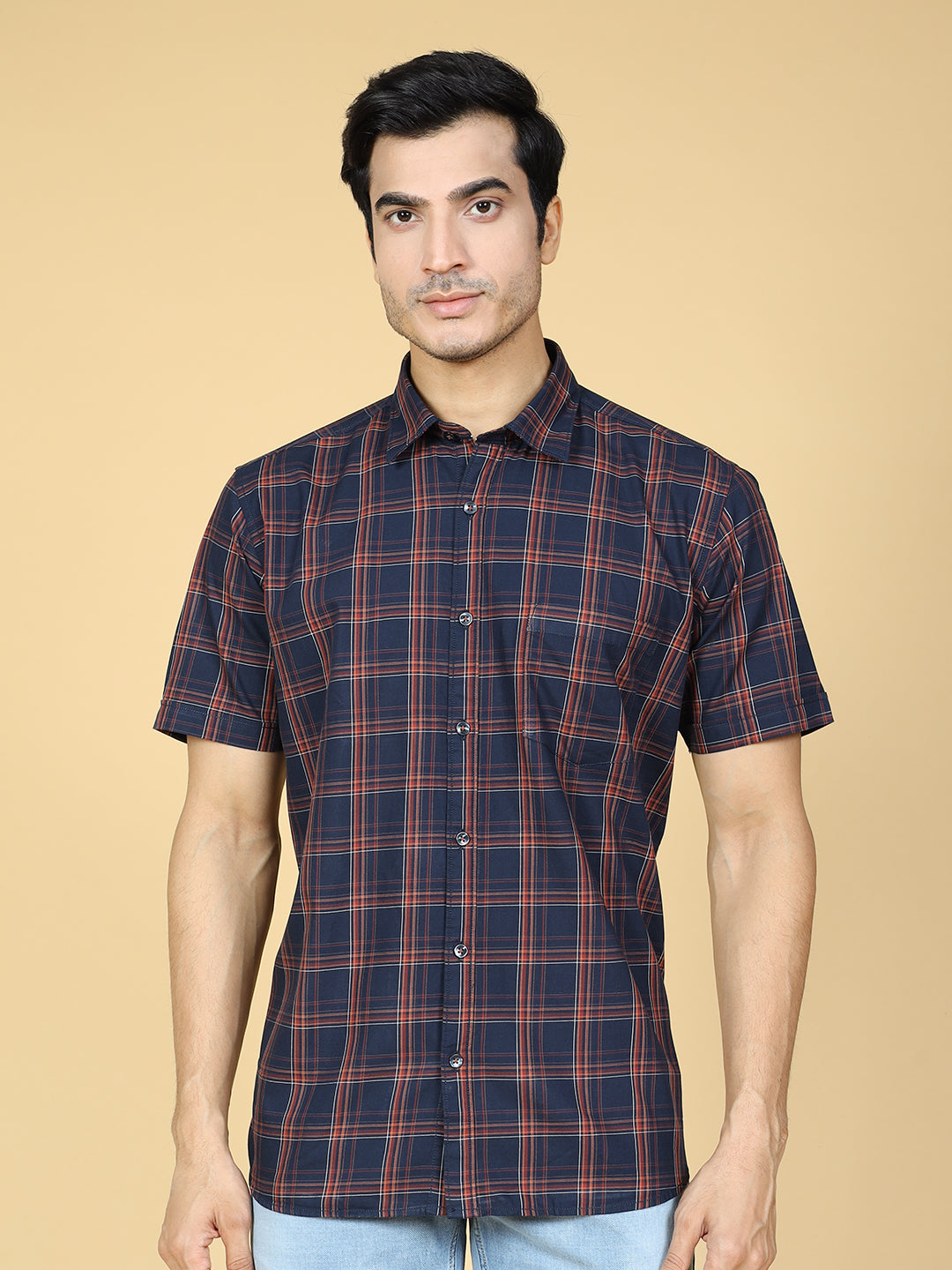 Tartan Checked Casual Cotton Shirt Navy