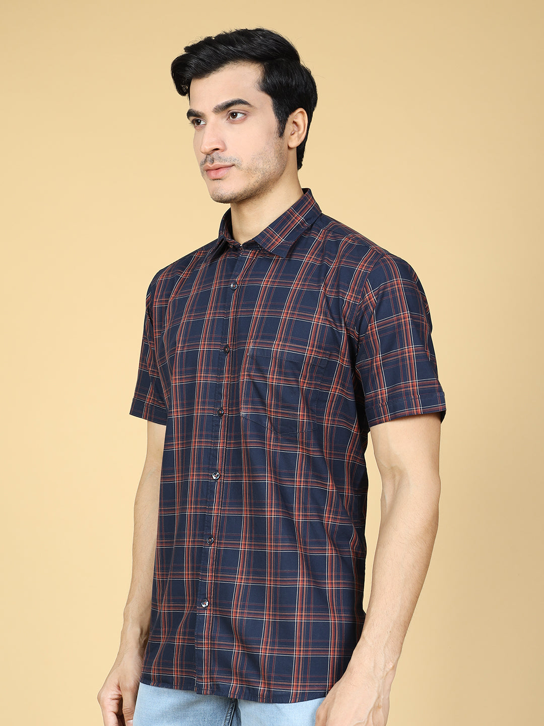 Tartan Checked Casual Cotton Shirt Navy