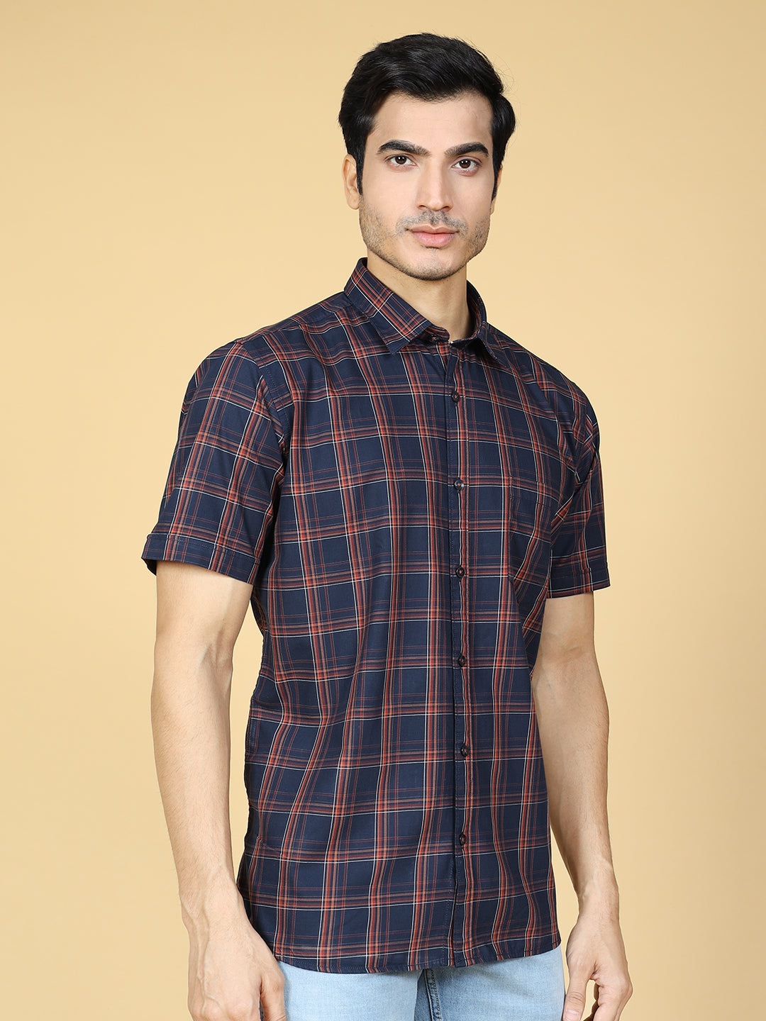 Tartan Checked Casual Cotton Shirt Navy