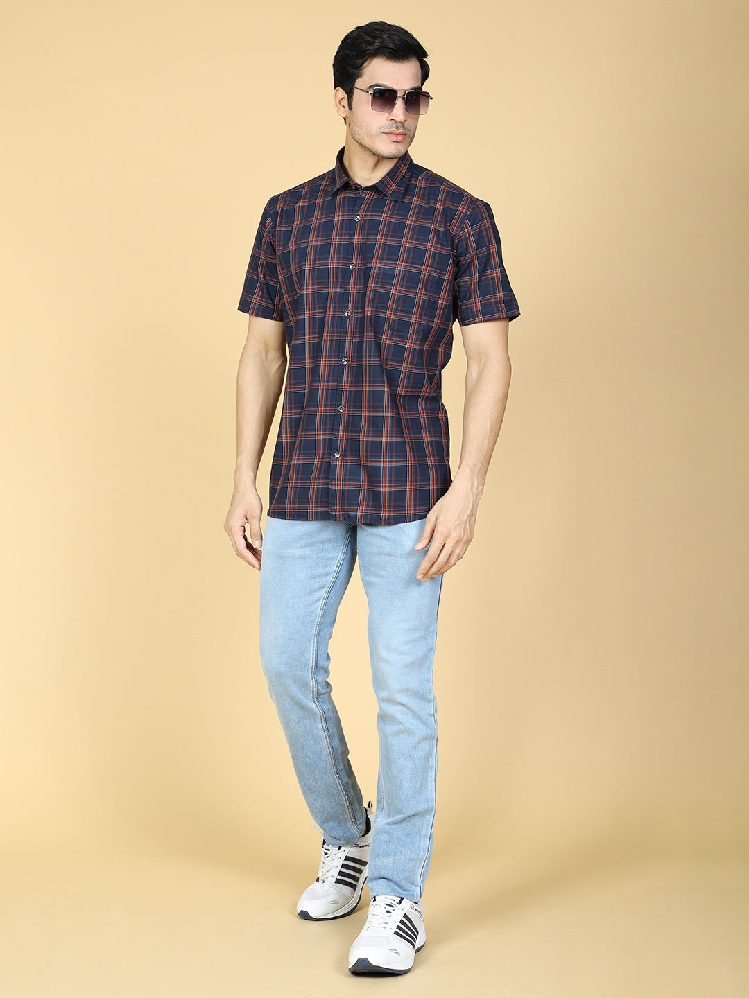 Tartan Checked Casual Cotton Shirt Navy