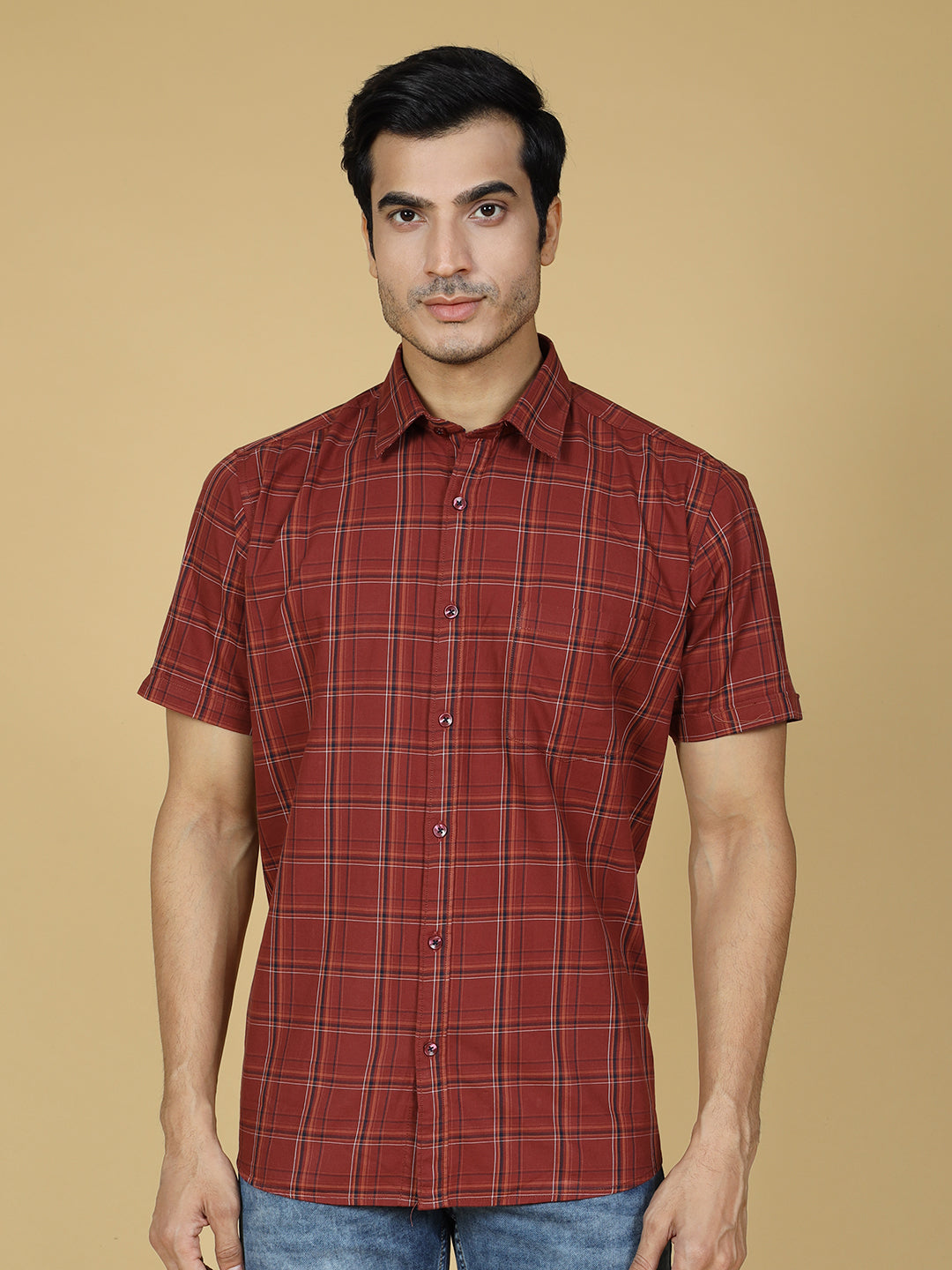 Tartan Checked Casual Cotton Shirt Maroon