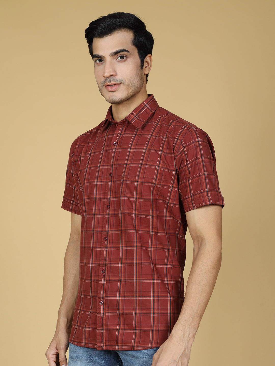 Tartan Checked Casual Cotton Shirt Maroon