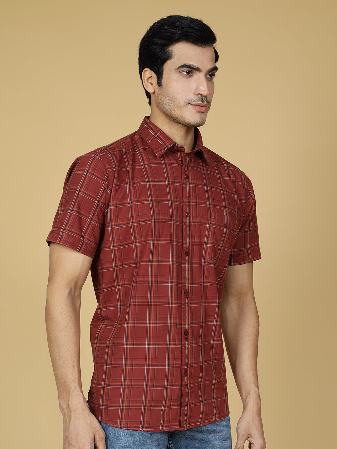 Tartan Checked Casual Cotton Shirt Maroon