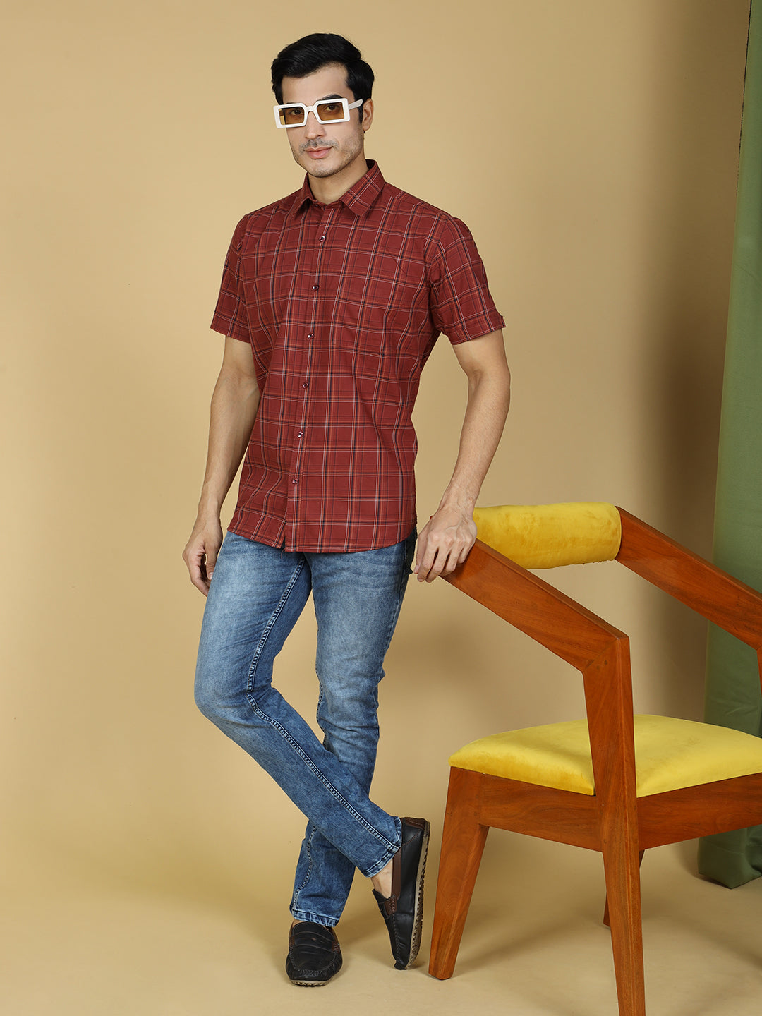 Tartan Checked Casual Cotton Shirt Maroon